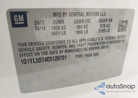 2014 Chevrolet Corvette Stingray Z51 z USA, uszkodzony, nr VIN 1G1YL3D74E5128781